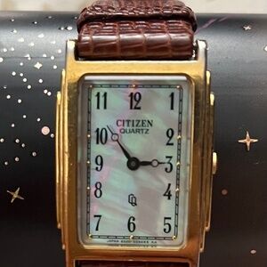 SOLD , Rare Vintage Citizen Quartz Watch  Mother of Pearl and leather